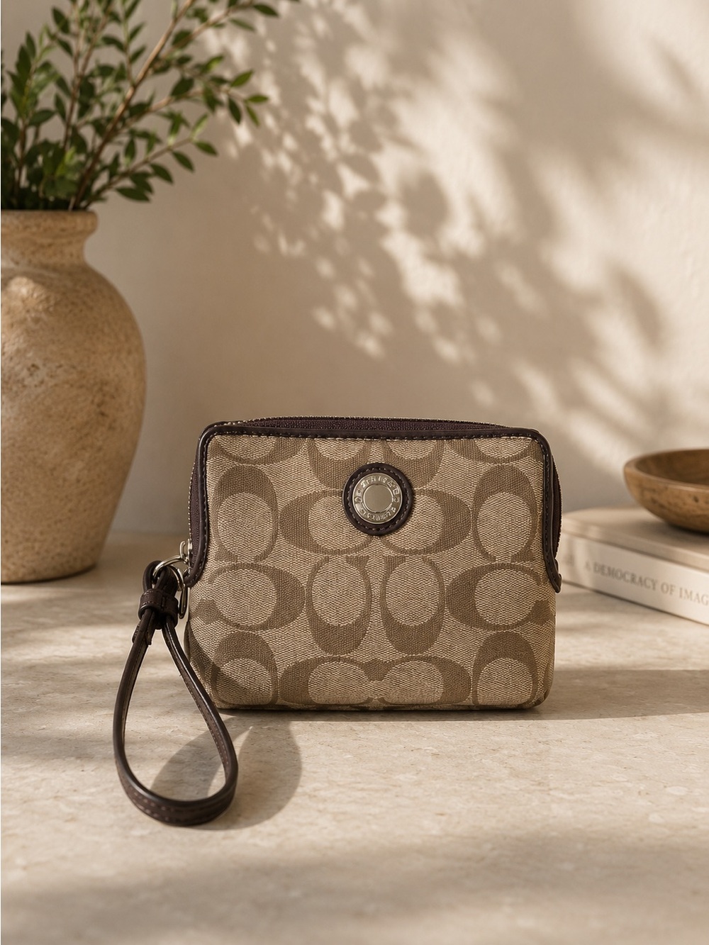 Coach Signature Canvas Wristlet Wallet Brown Tan Zip Around Authentic